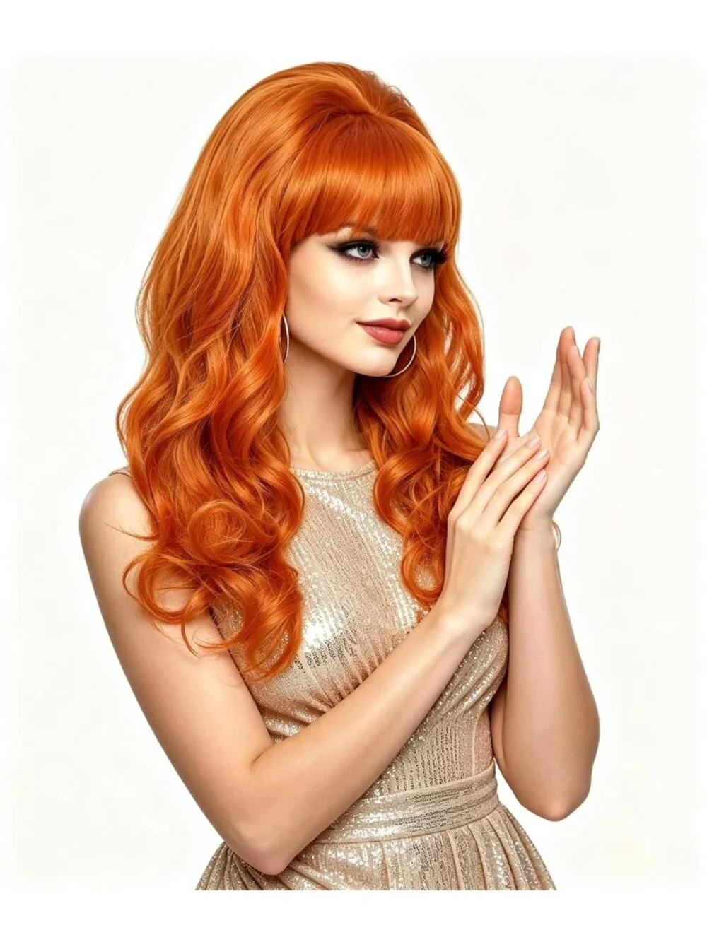 Women's Orange Heat Resistant Synthetic Fiber Retro Long Wavy Wigs Bangs